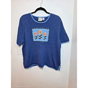 CJ Banks Blue Sunflower Hand Embroidered Short Sleeve Knit Top Size 1X